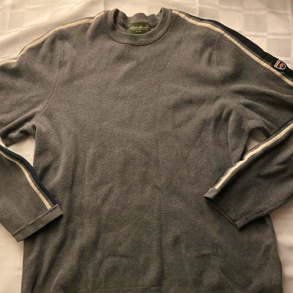 Eddie Bauer Men's Charcoal Gray Crewneck Sweater With Sleeve Stripes